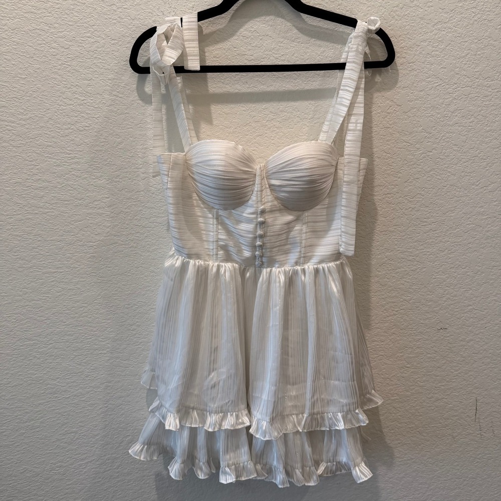 Adirlina White Shimmer Pleated Bustier Mini Dress Ruffle Tiered Bridal Size M